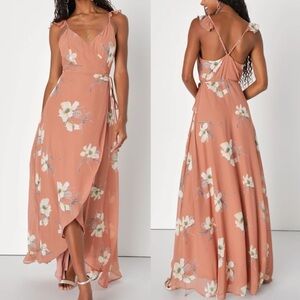 NWT Lulus All Mine Rusty Rose Floral Print Wrap Maxi Dress Large L Pink